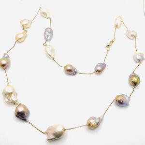 Baroque Cultured Peacock Pearl Necklace.  Measures 38” w 10k Gold chain